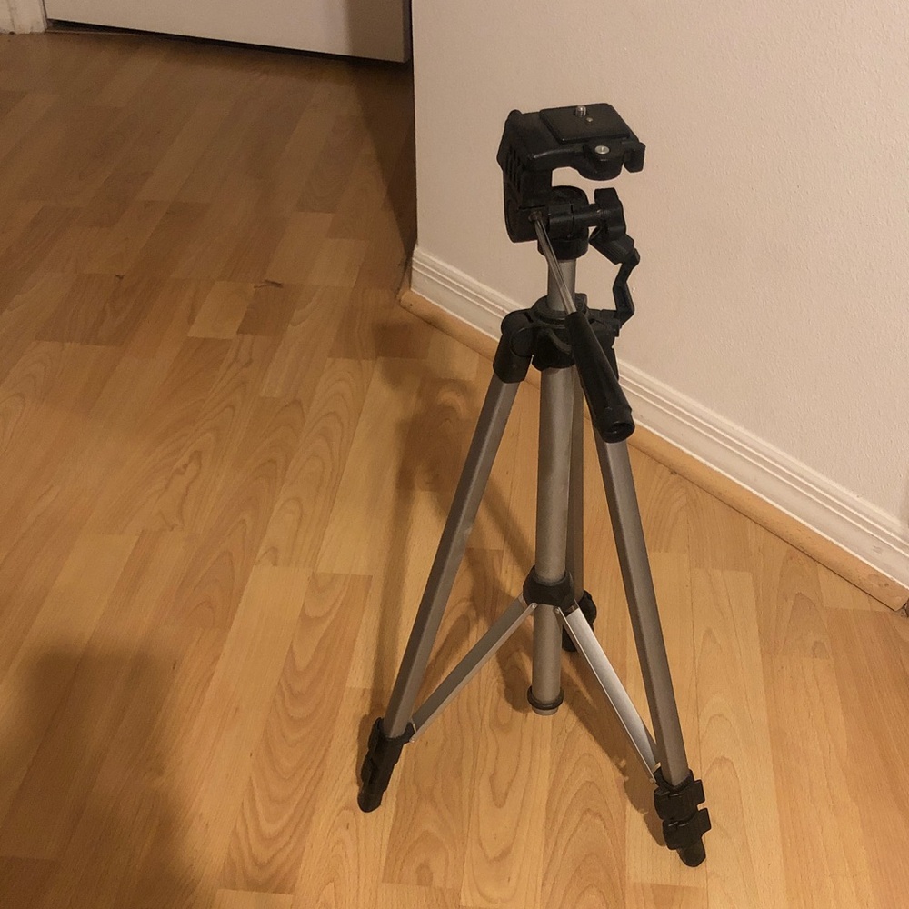 Silver and Black Camera Tripod with Quick-Release Head
